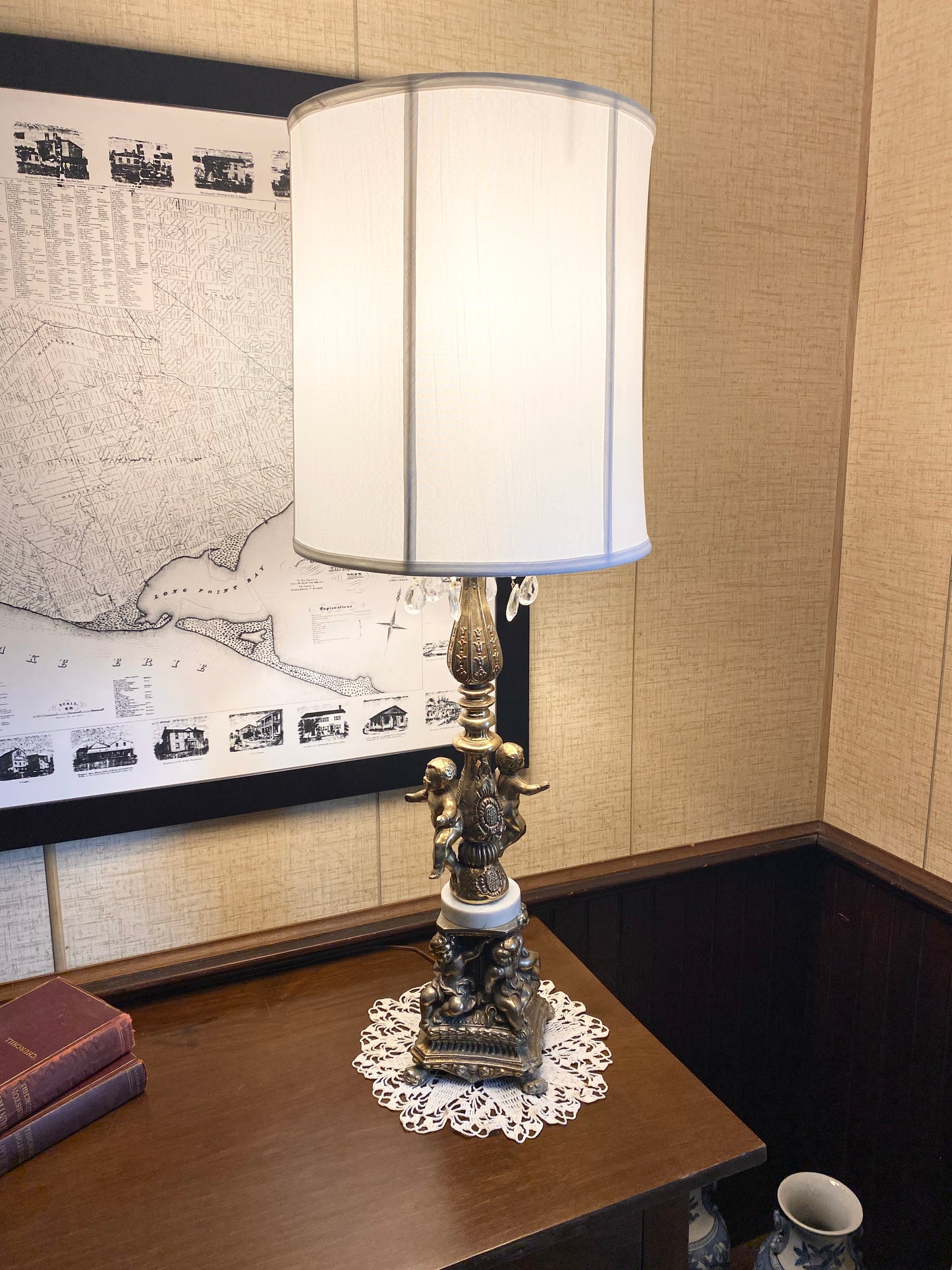 Brass Cherub Lamp with Silk Shade
