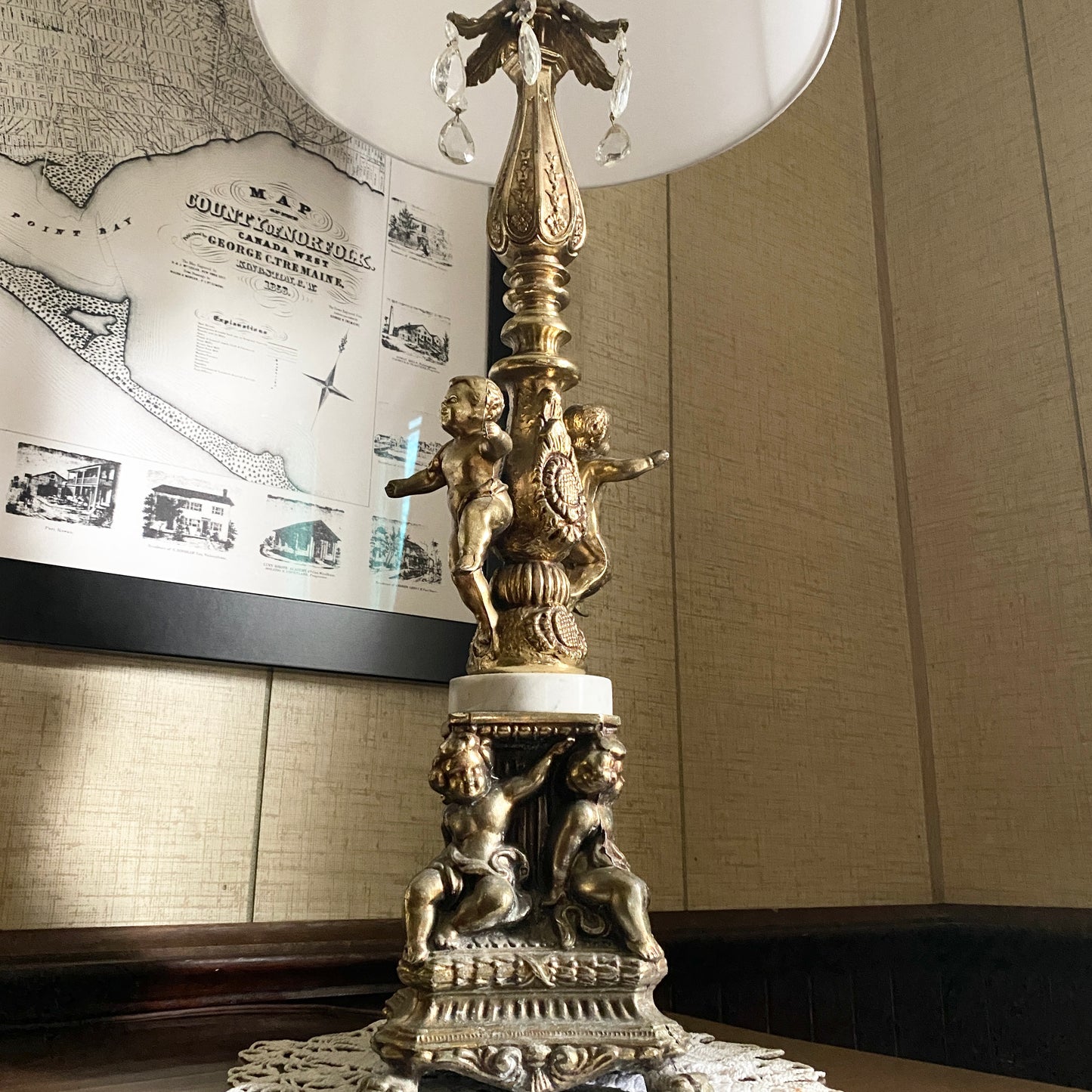 Brass Cherub Lamp with Silk Shade