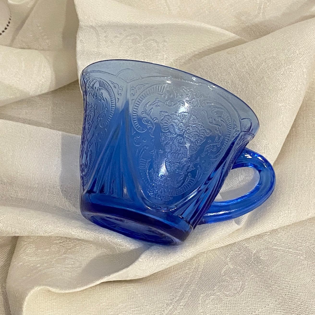 Cobalt Blue Depression Glass Cup & Saucer, Royal Lace