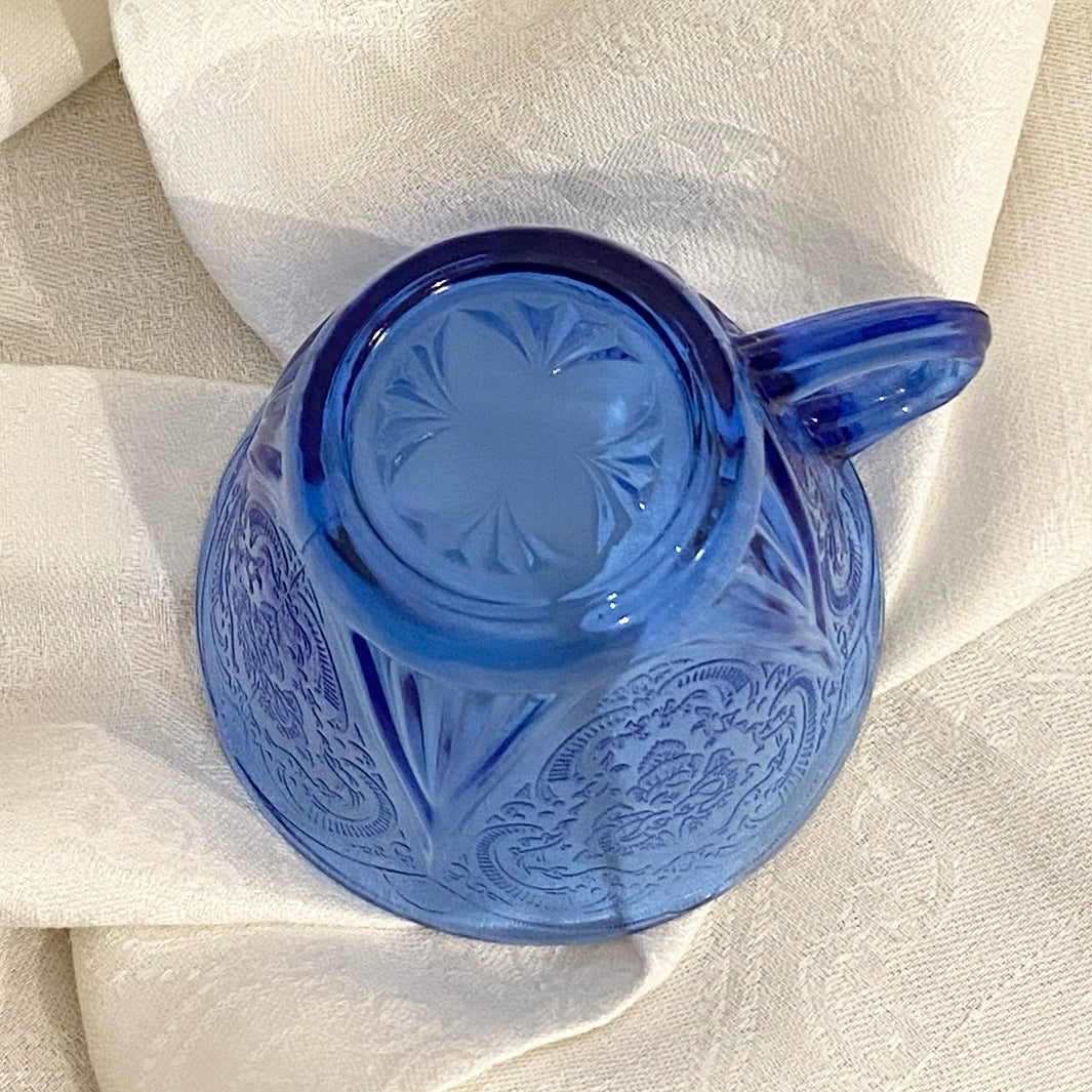 Cobalt Blue Depression Glass Cup & Saucer, Royal Lace