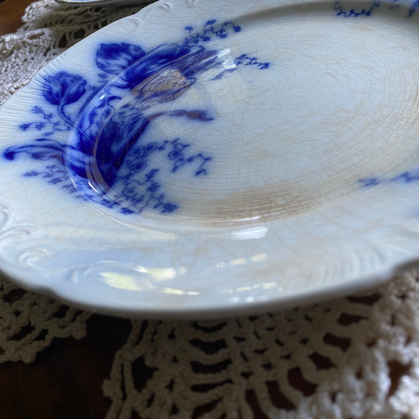 Semi Porcelain Flow Blue Plate by Johnson Brothers, Tulip Pattern