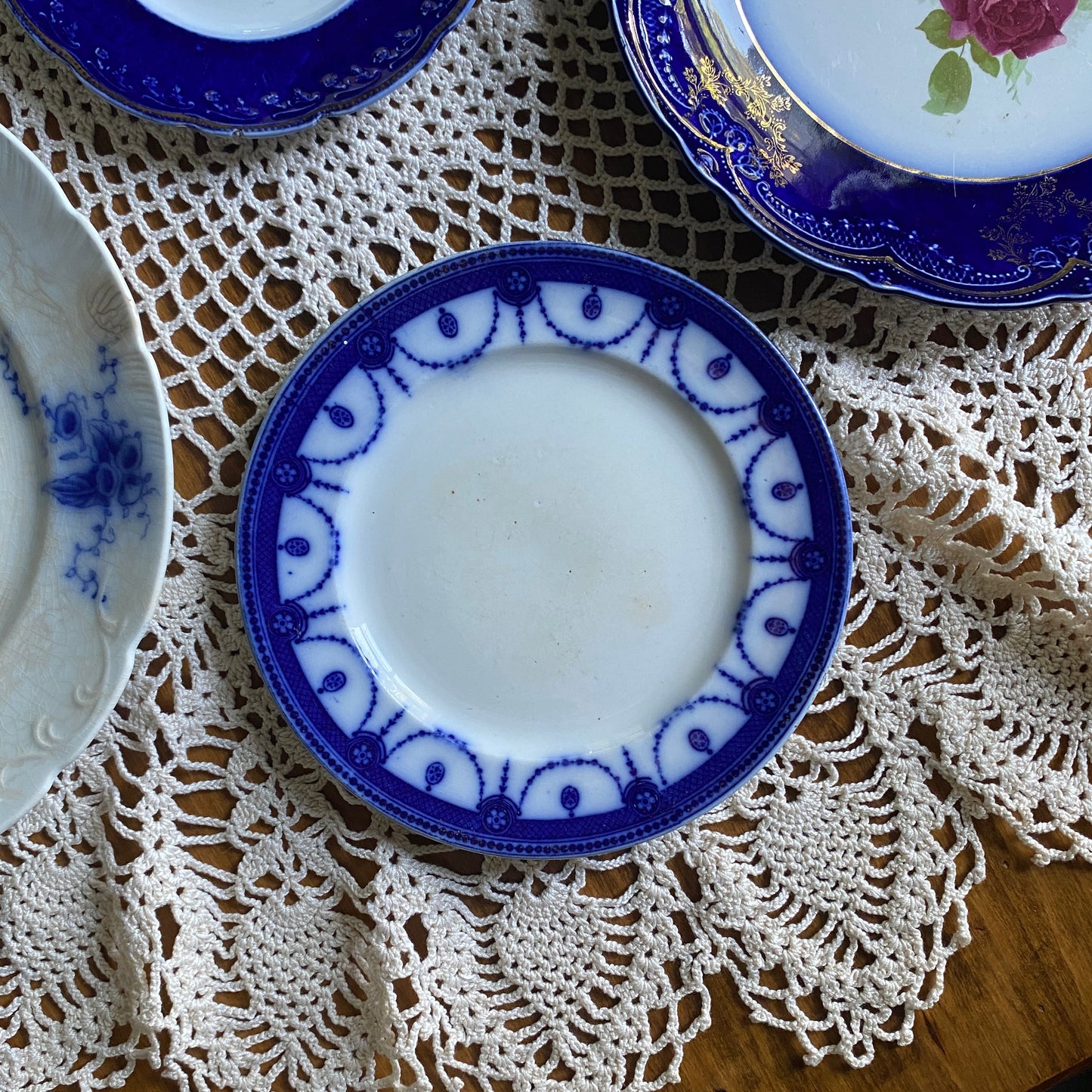 Flow Blue Plate by Wood & Sons, Venice Pattern