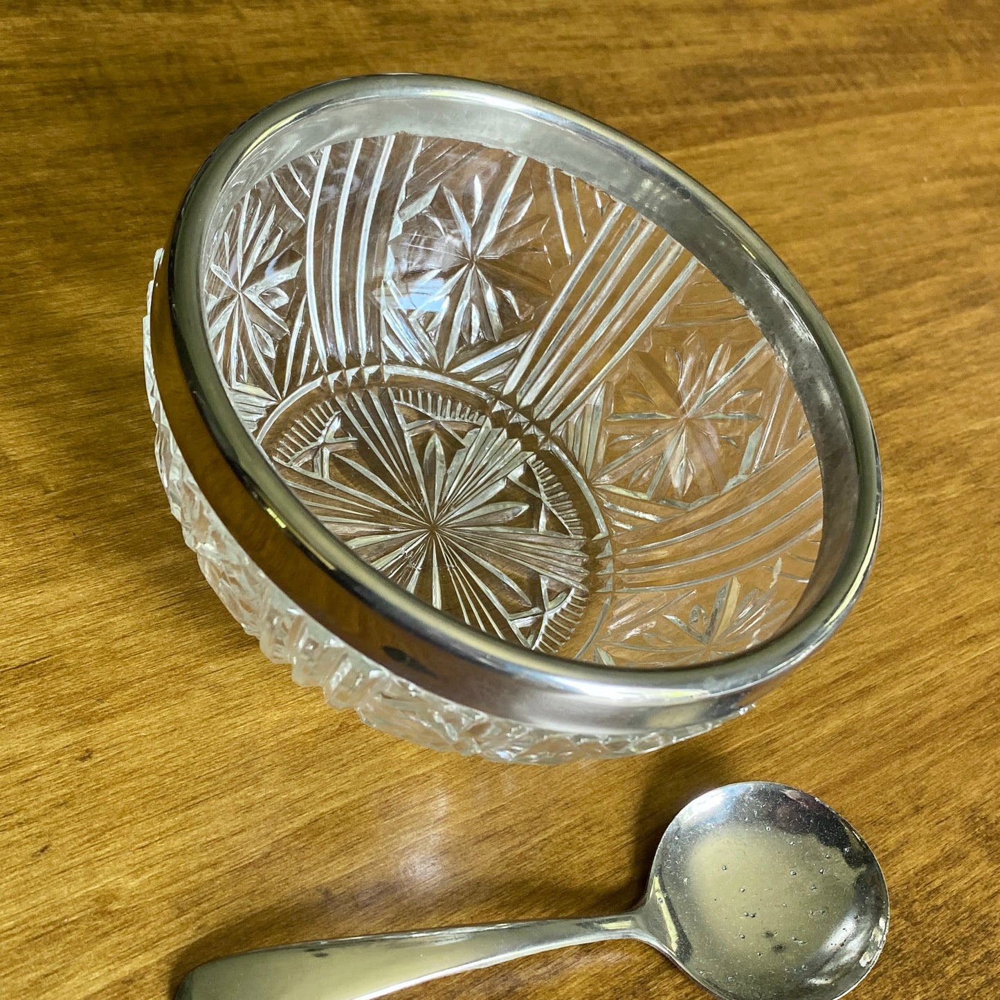 EP Silver Rimmed Pressed Glass Bowl with Spoon