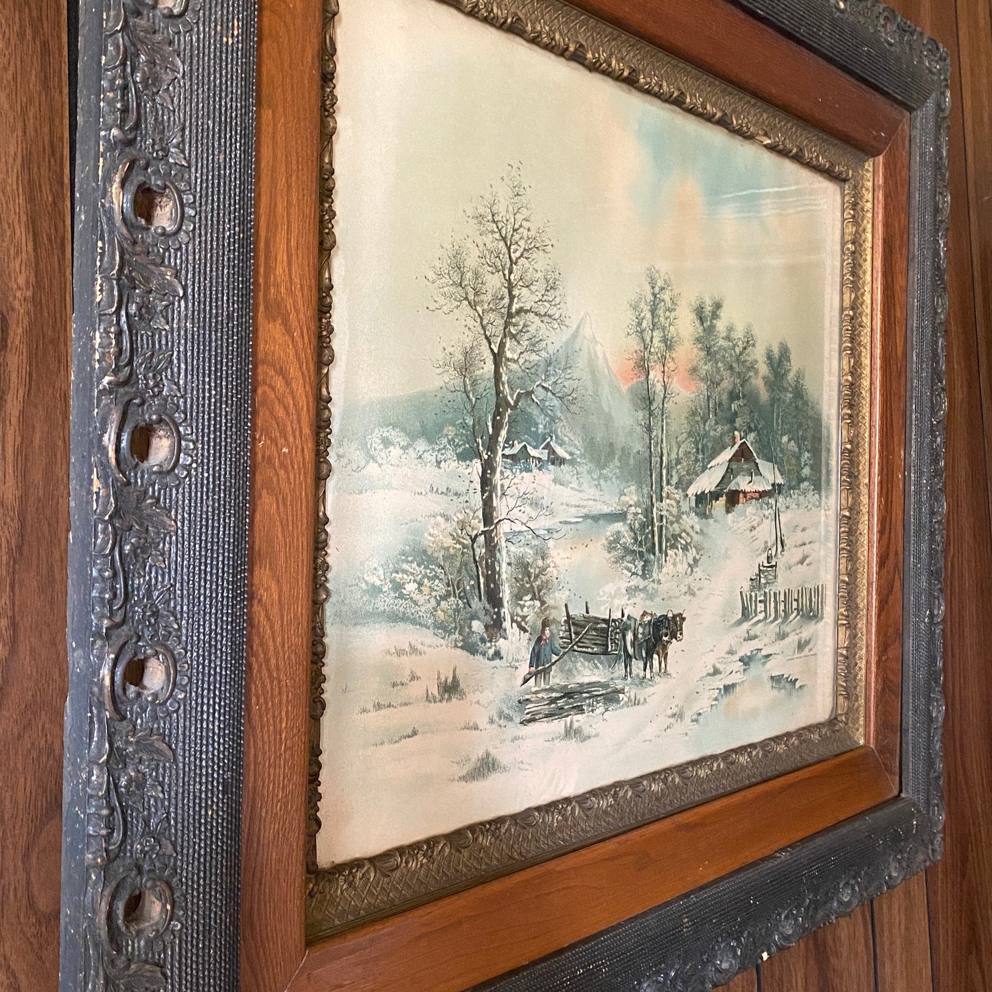 Victorian Wood Framed Winter Scene Print Under Glass