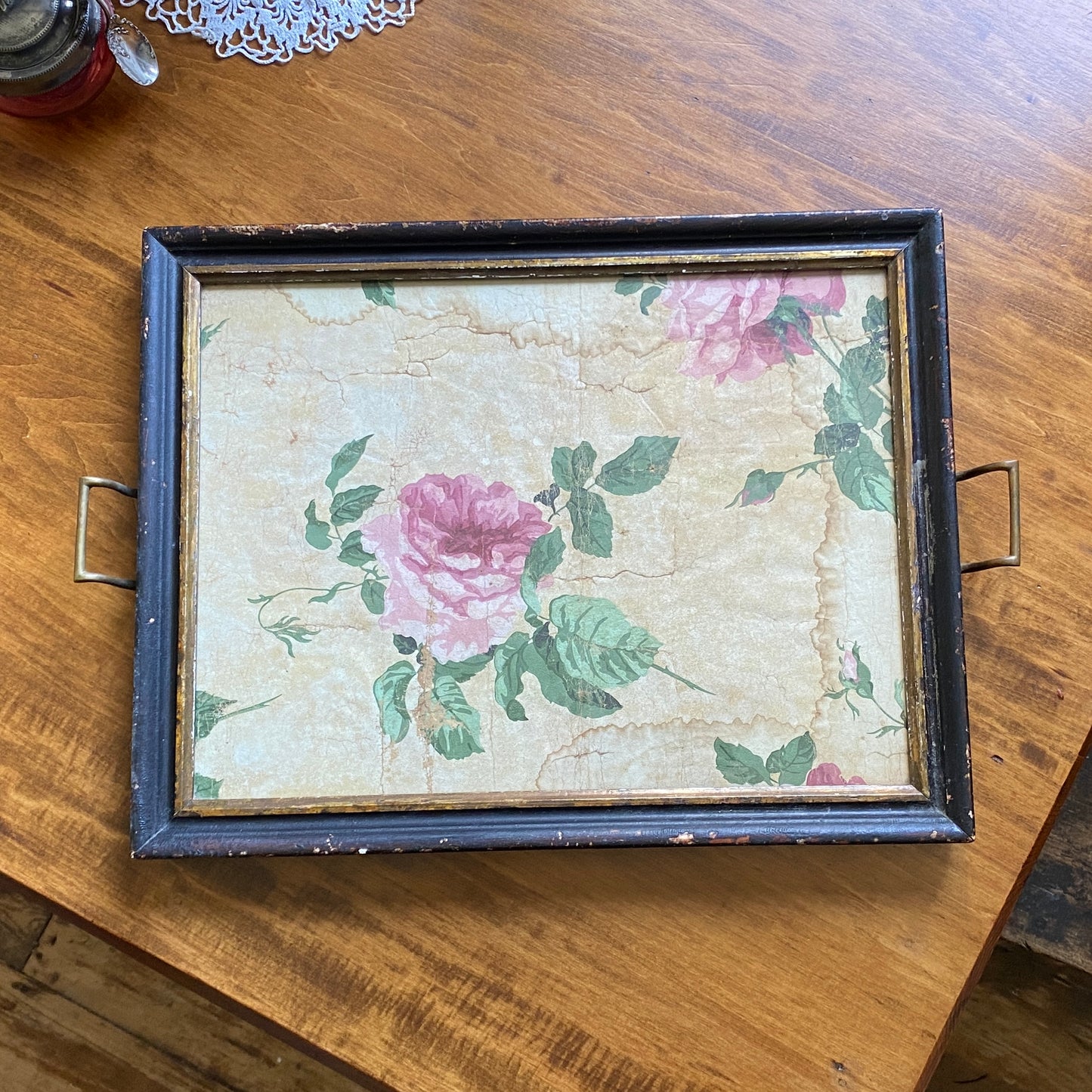 Victorian Wood Frame Glass Serving Tray