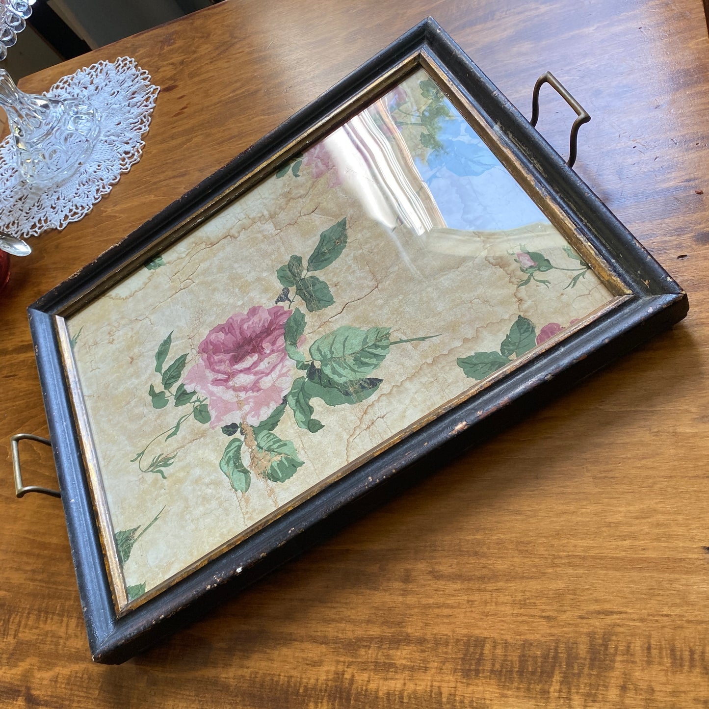 Victorian Wood Frame Glass Serving Tray