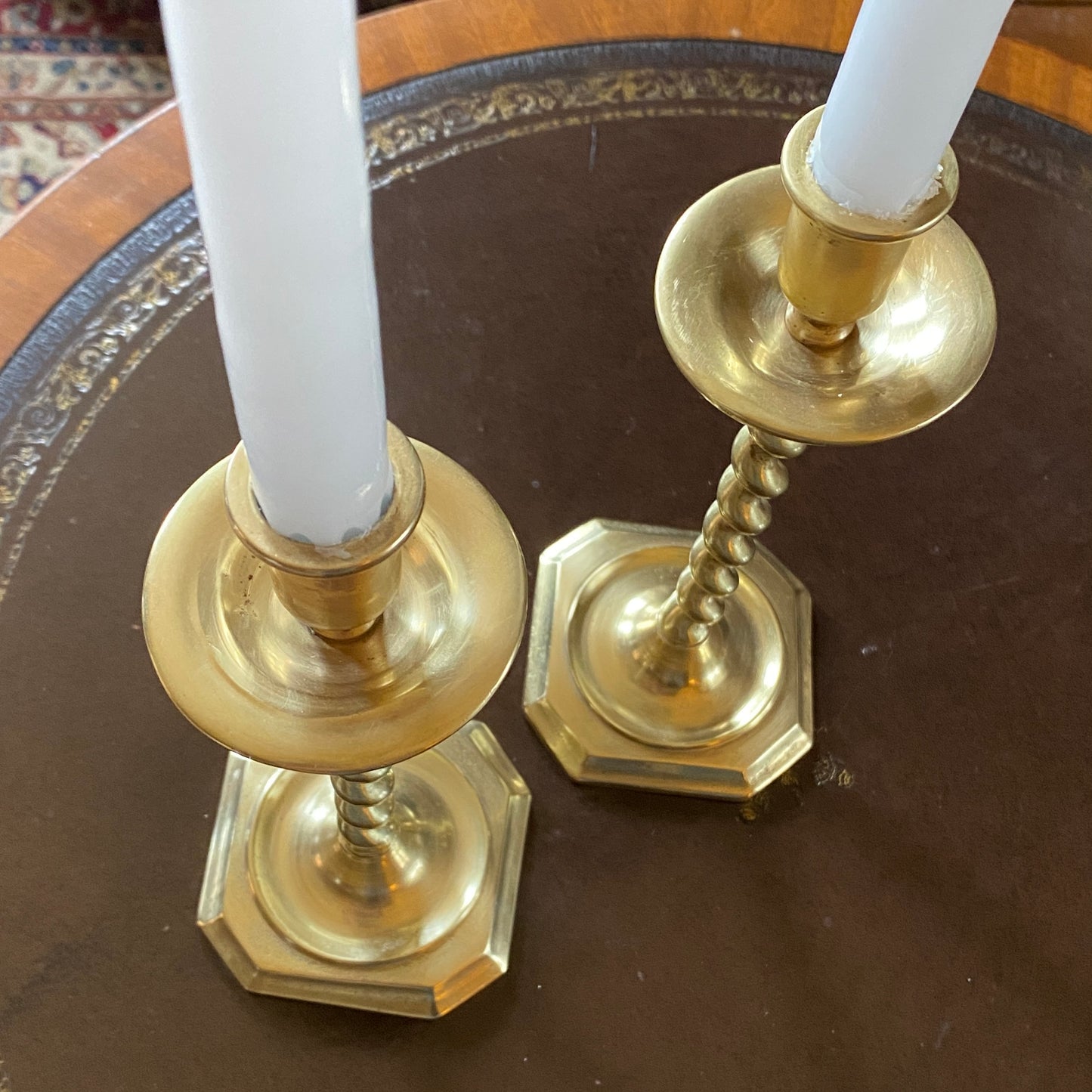 Pair of Early Brass Candlesticks, Barley Twist with Square Base