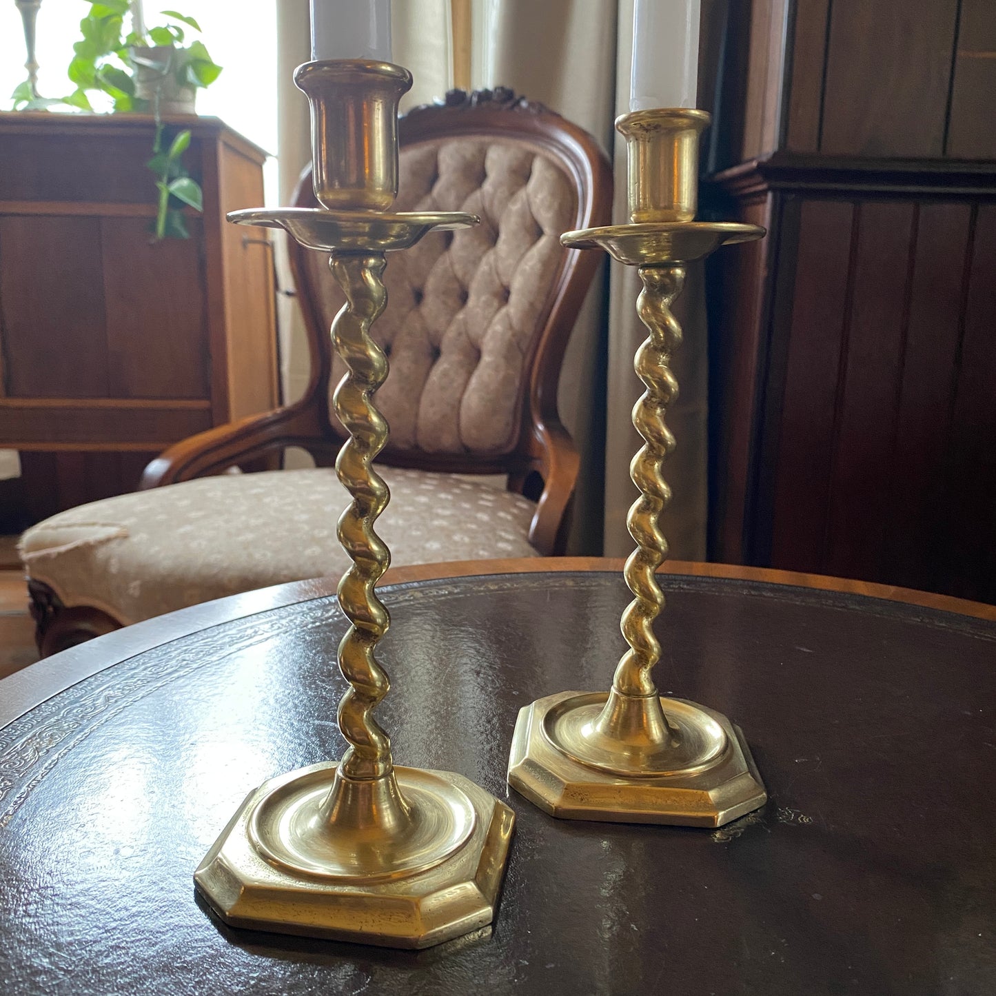 Pair of Early Brass Candlesticks, Barley Twist with Square Base