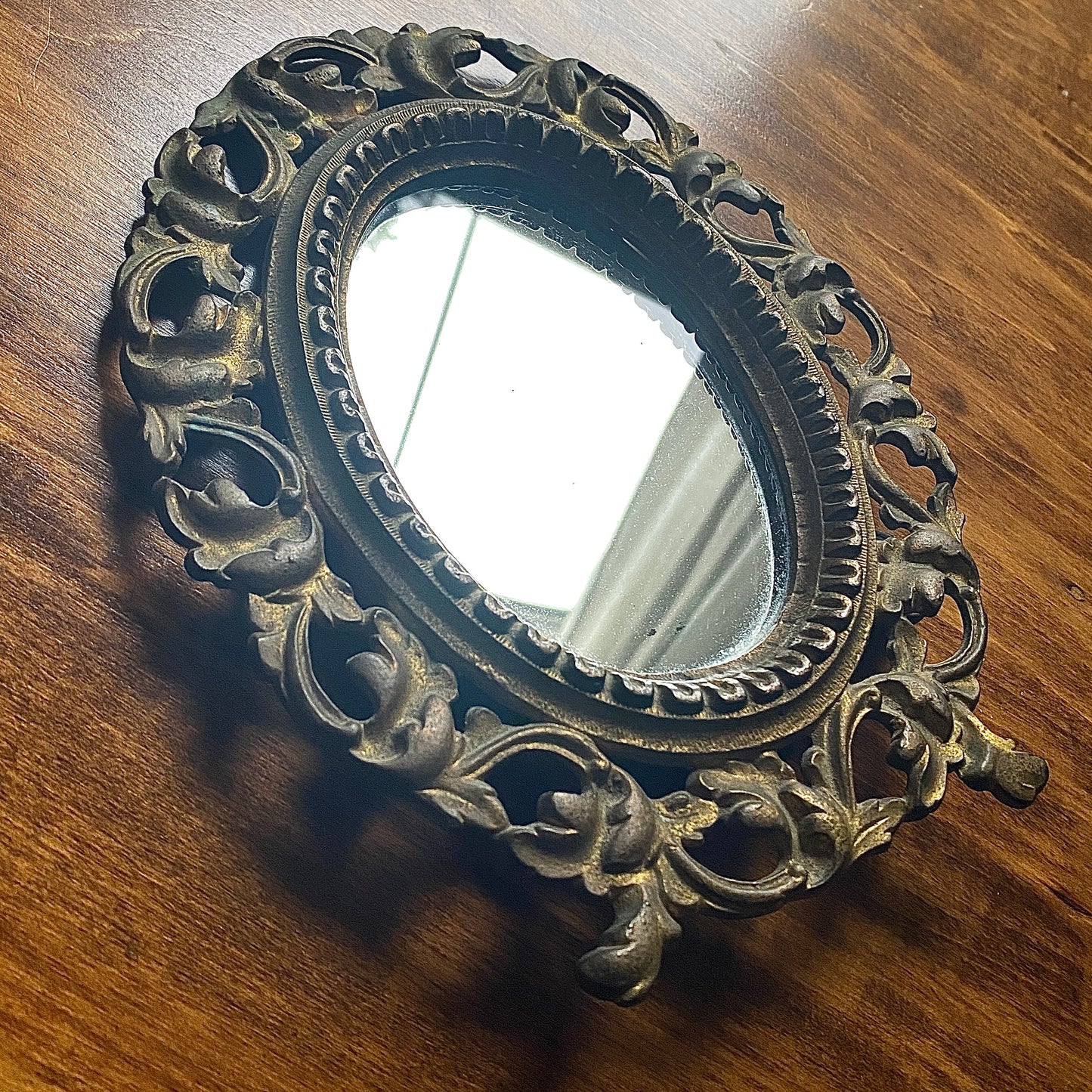 Antique Cast Brass Framed Oval Mirror on Stand