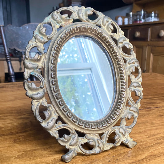 Antique Cast Brass Framed Oval Mirror on Stand
