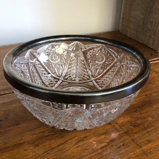 Electroplated Silver Rimmed Round Glass Serving Bowl