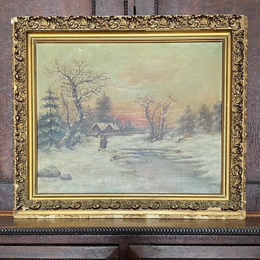 Framed Oil on Canvas, Winter Scene circa 1890