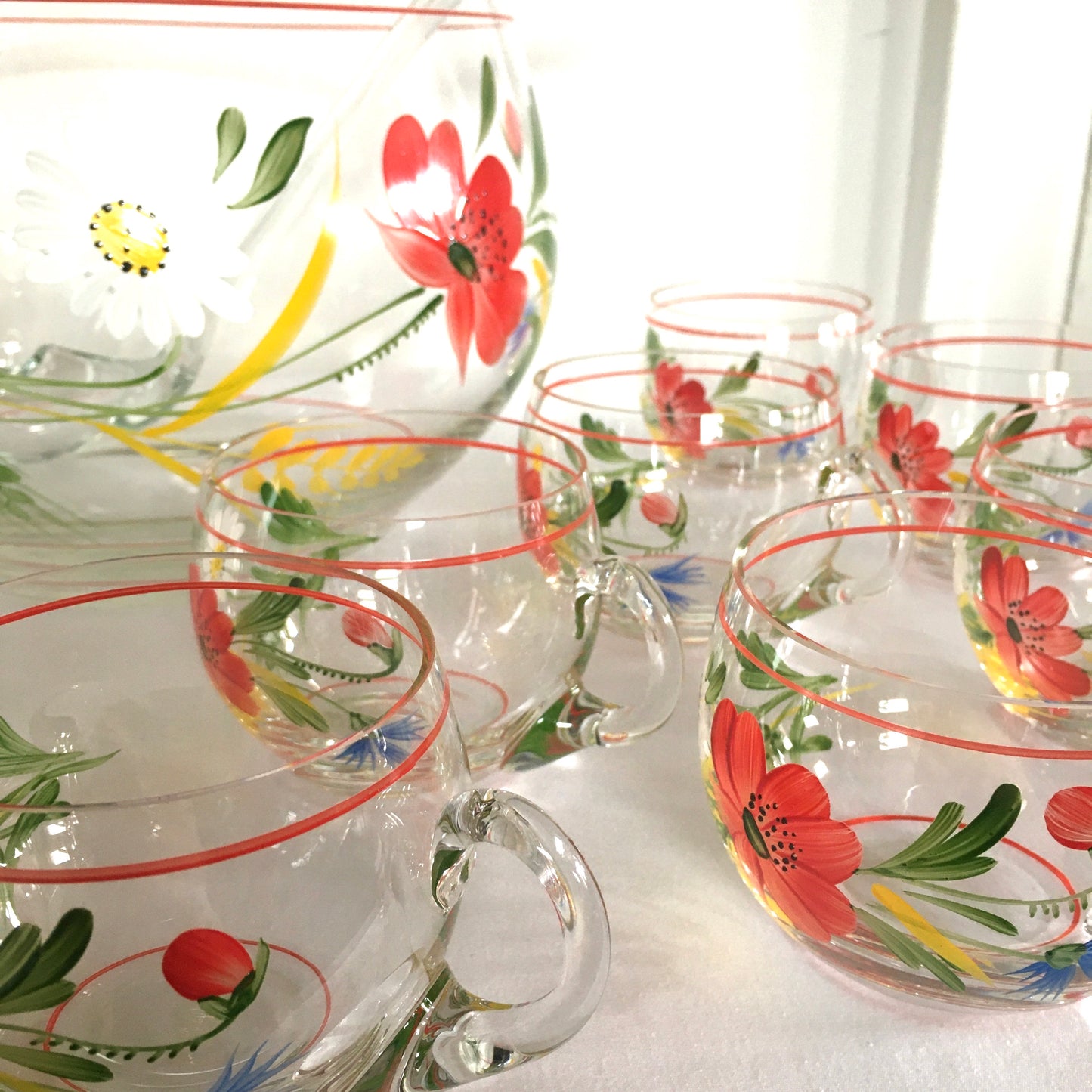 Hand Painted Glass Punch Bowl Set