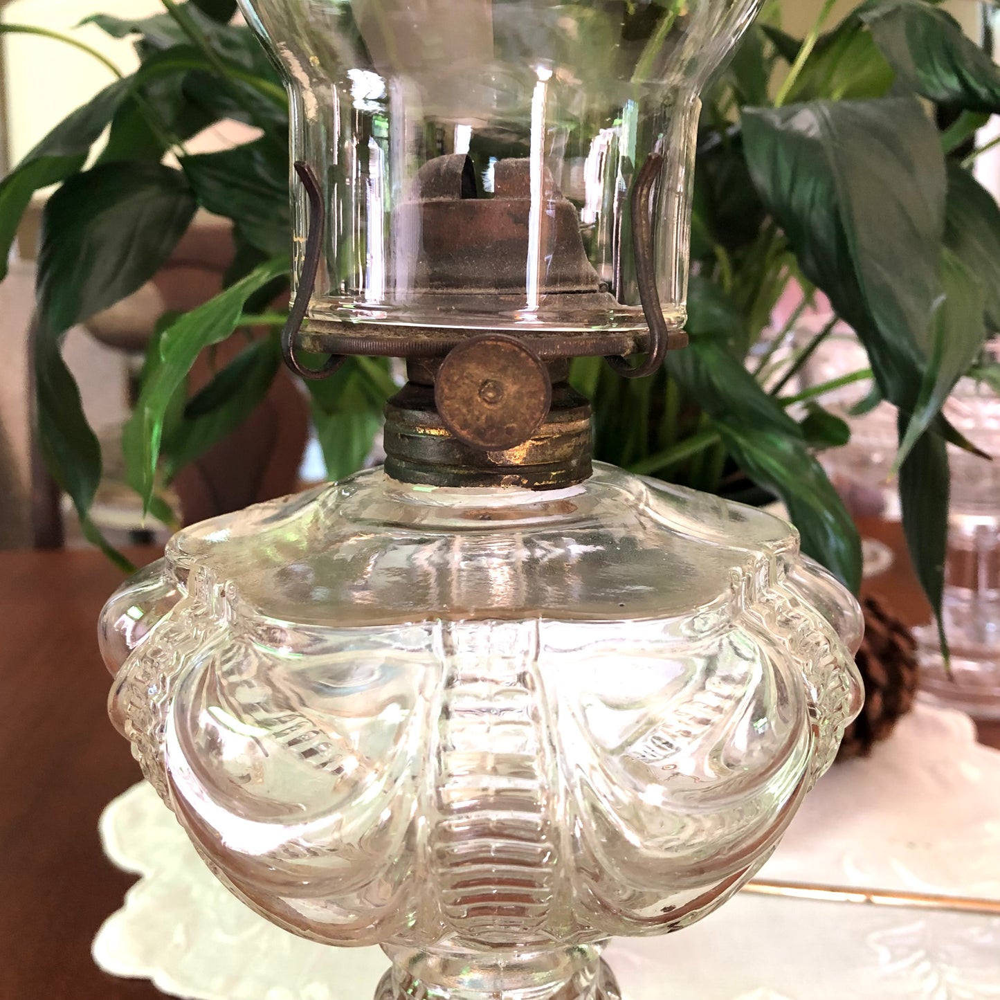 Early Pressed Glass Oil Lamp, 16-1/2"