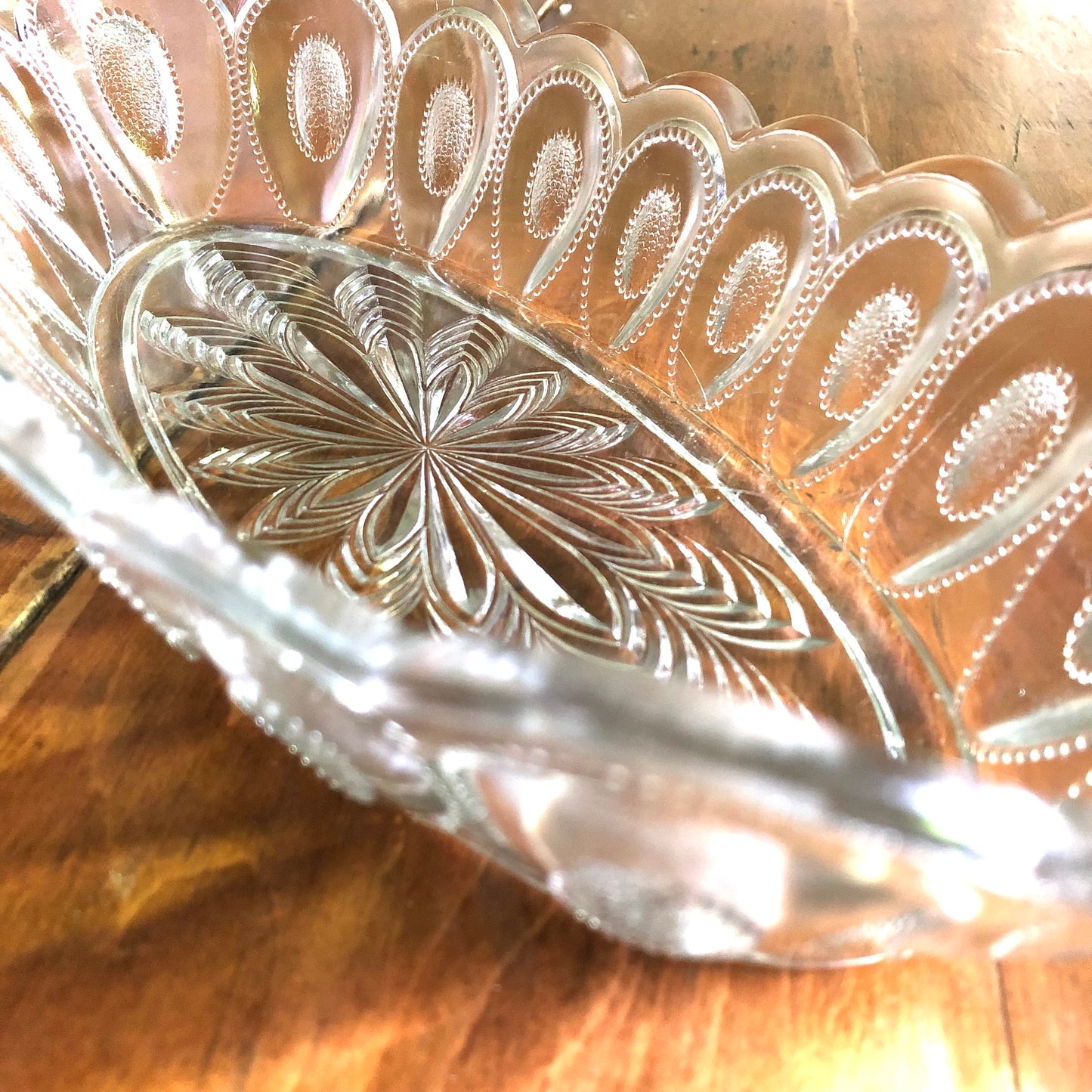 Early Pressed Glass Celery Dish, Peacock Pattern