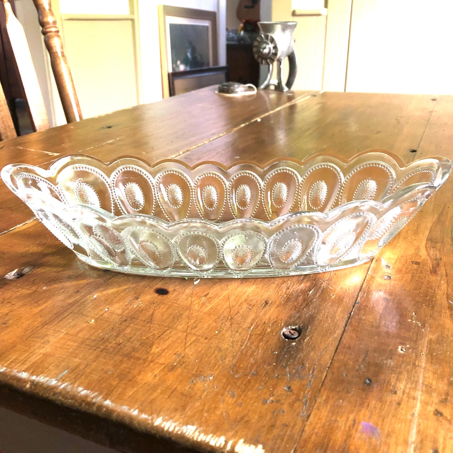 Early Pressed Glass Celery Dish, Peacock Pattern