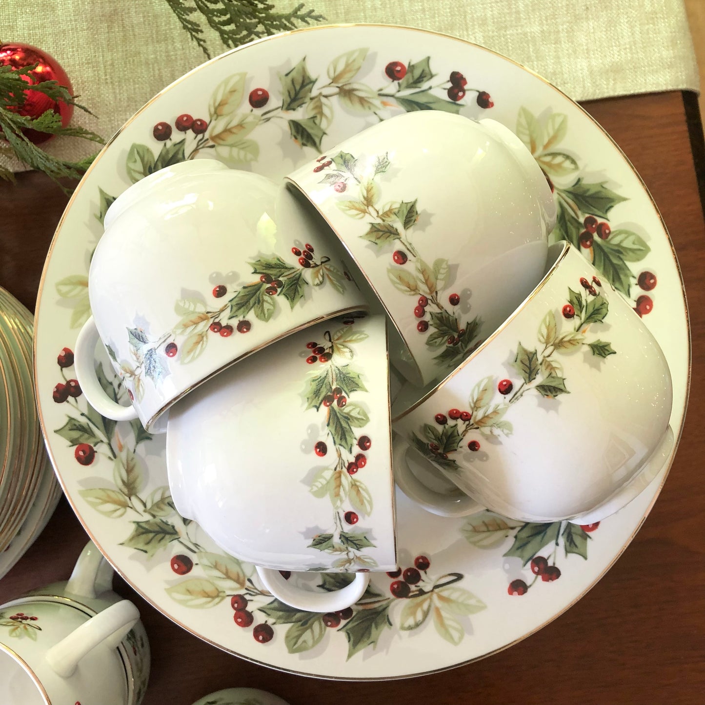 Stoneware Holly Berry Christmas Charm Dishes, 12 Place Settings