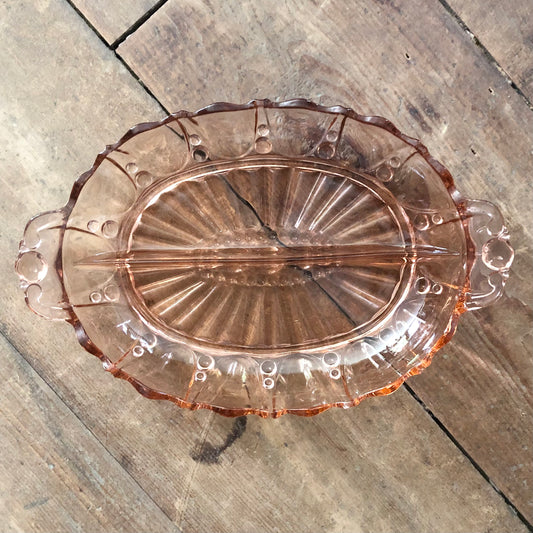 Pink Depression Glass Divided Serving Dish, 'Oyster and Pearl'